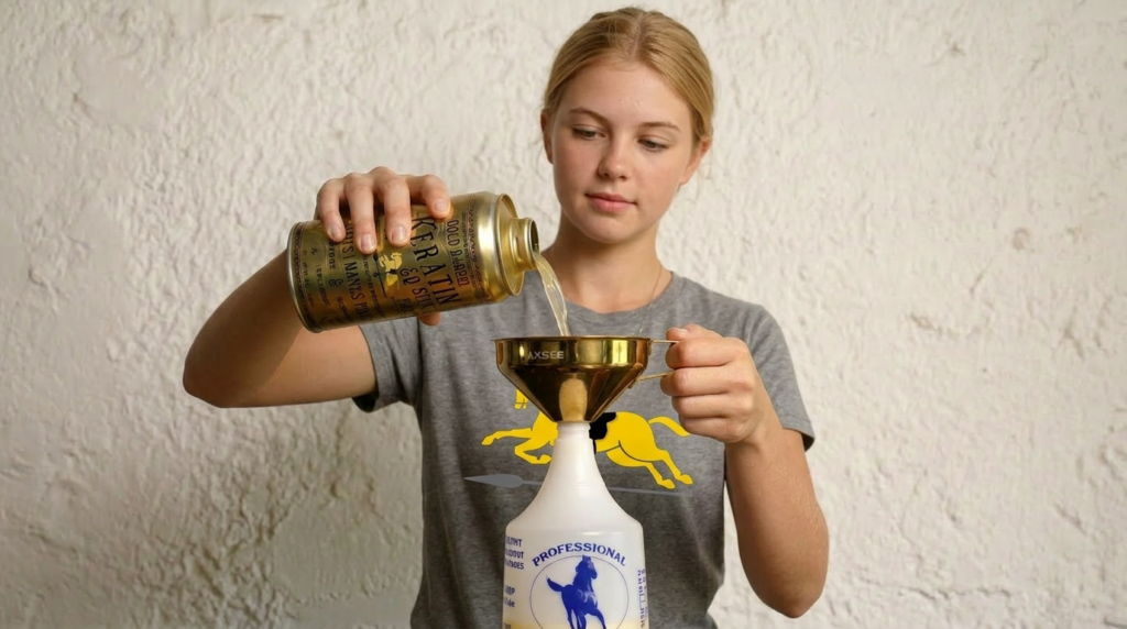 Pouring Gold Barrel EQ from the can into a spray bottle
