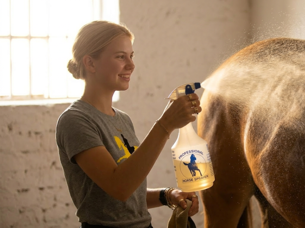 Spraying Gold Barrel EQ on a horse coat