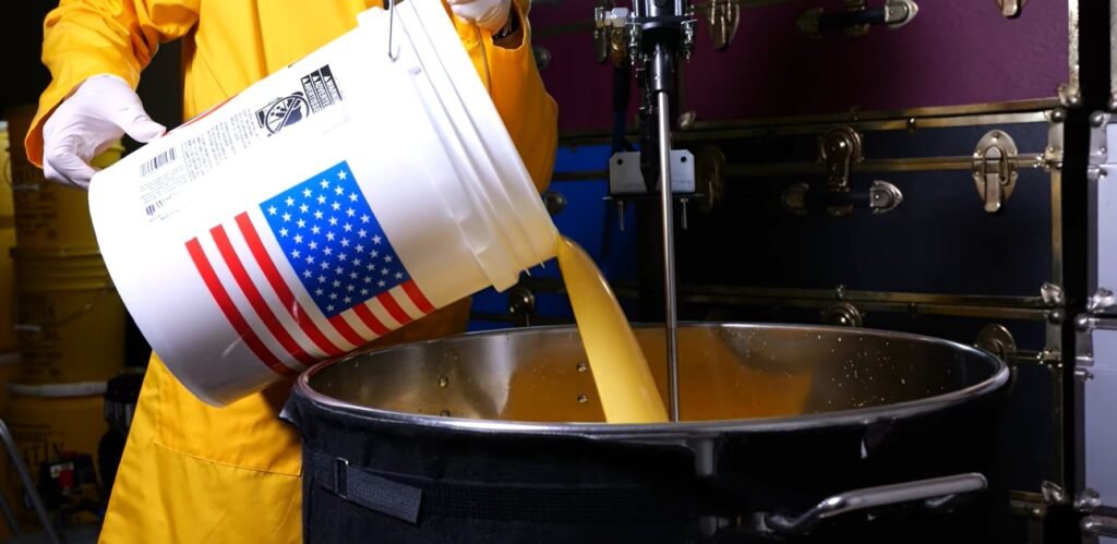 Gold Barrel formula being poured from an American flag bucket into a stainless steel mixing vessel